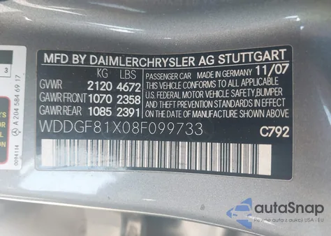 2008 Mercedes-Benz C 300 Luxury 4Matic/Sport 4Matic from USA, damaged, VIN WDDGF81X08F099733